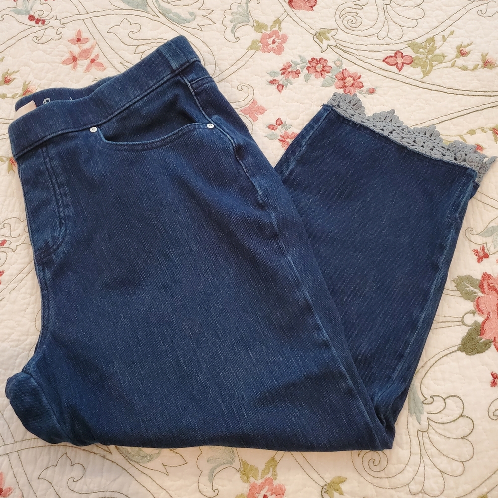 Belle by Kim Gravel Dark Blue Cropped Jeans with Gray Lace